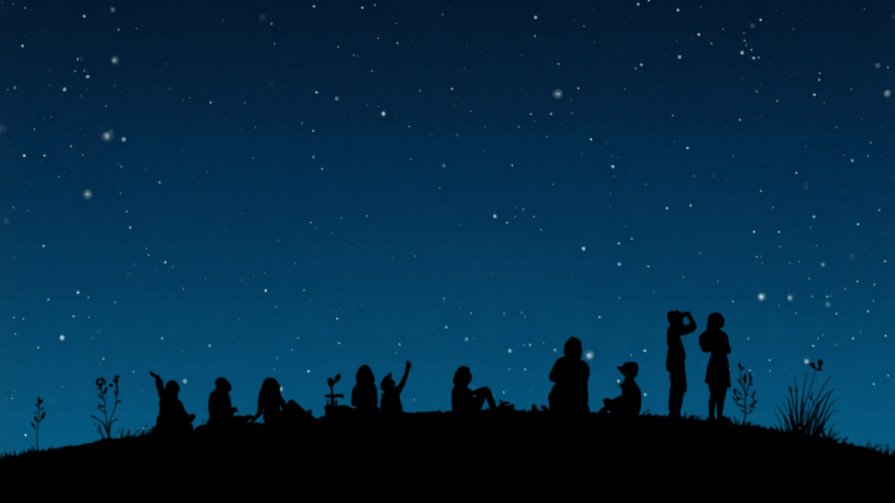 Family silhouettes on a hill looking up at a night sky full of stars and constellation lines