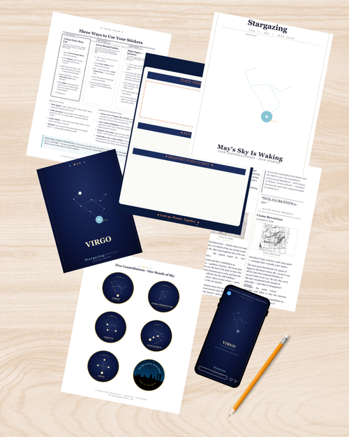 What arrives every month: a printed constellation card, sticker sheet, monthly letter, viewing guide, and phone wallpaper — a new constellation set every first of the month, twelve months a year
